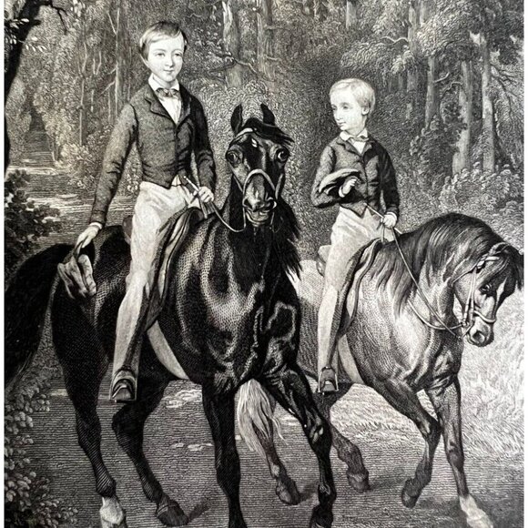 Boys On Horses Riding In Woods Engraving 1859 Victorian Godey Art DWY5G - Picture 1 of 2
